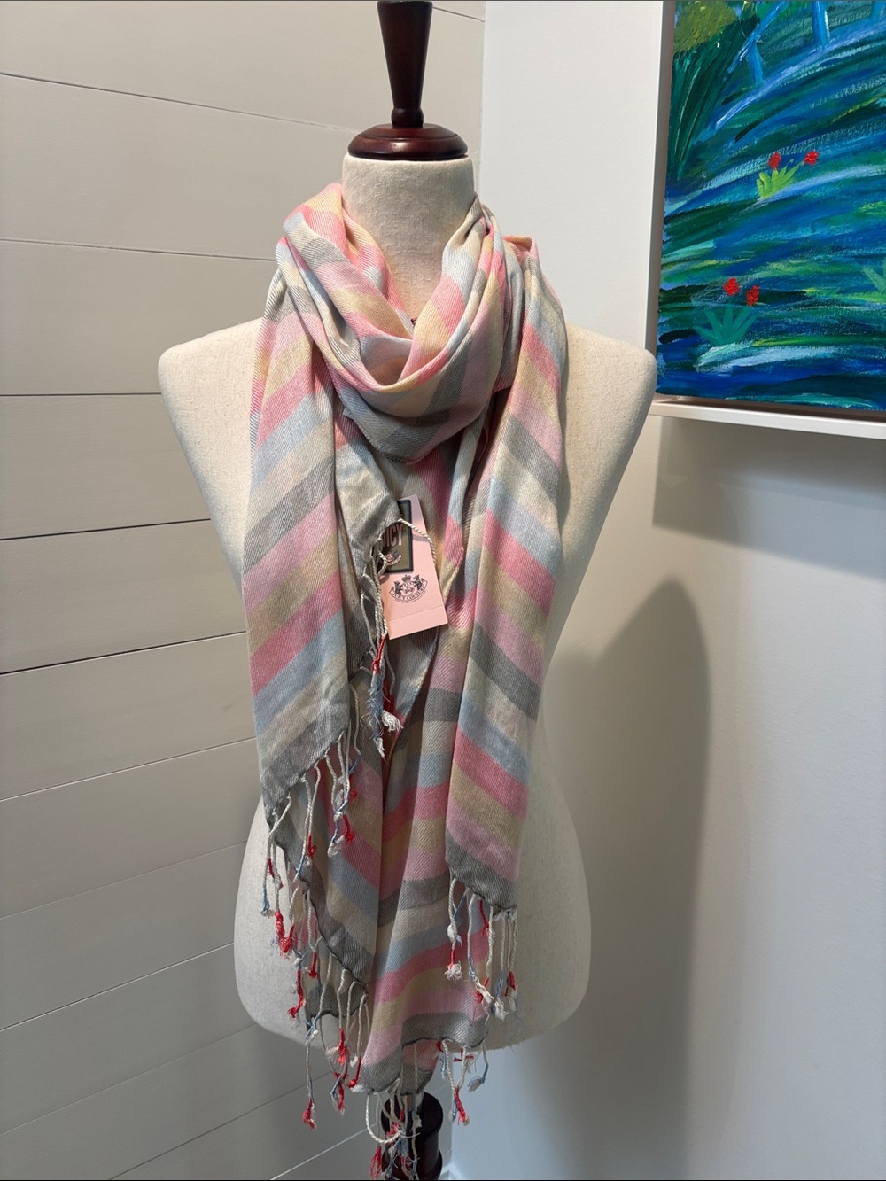 Juicy Couture Pink, Gray & Cream Plaid Fringe Scarf NWT